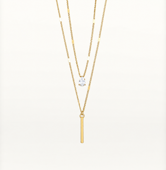 Gold Bar Dew Drop Two-Layer Necklace ✨